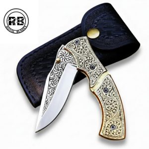 3D Wolf-Engraved Blade with Hand-Tooled Copper Grip Folding Knife From Royal Blades