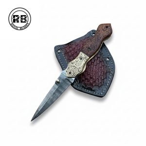 8″ Damascus Folder with Hand-Engraved Wood & Brass From Royal Blades