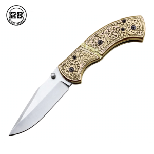 3D Wolf-Engraved Blade with Hand-Tooled Copper Grip Folding Knife From Royal Blades