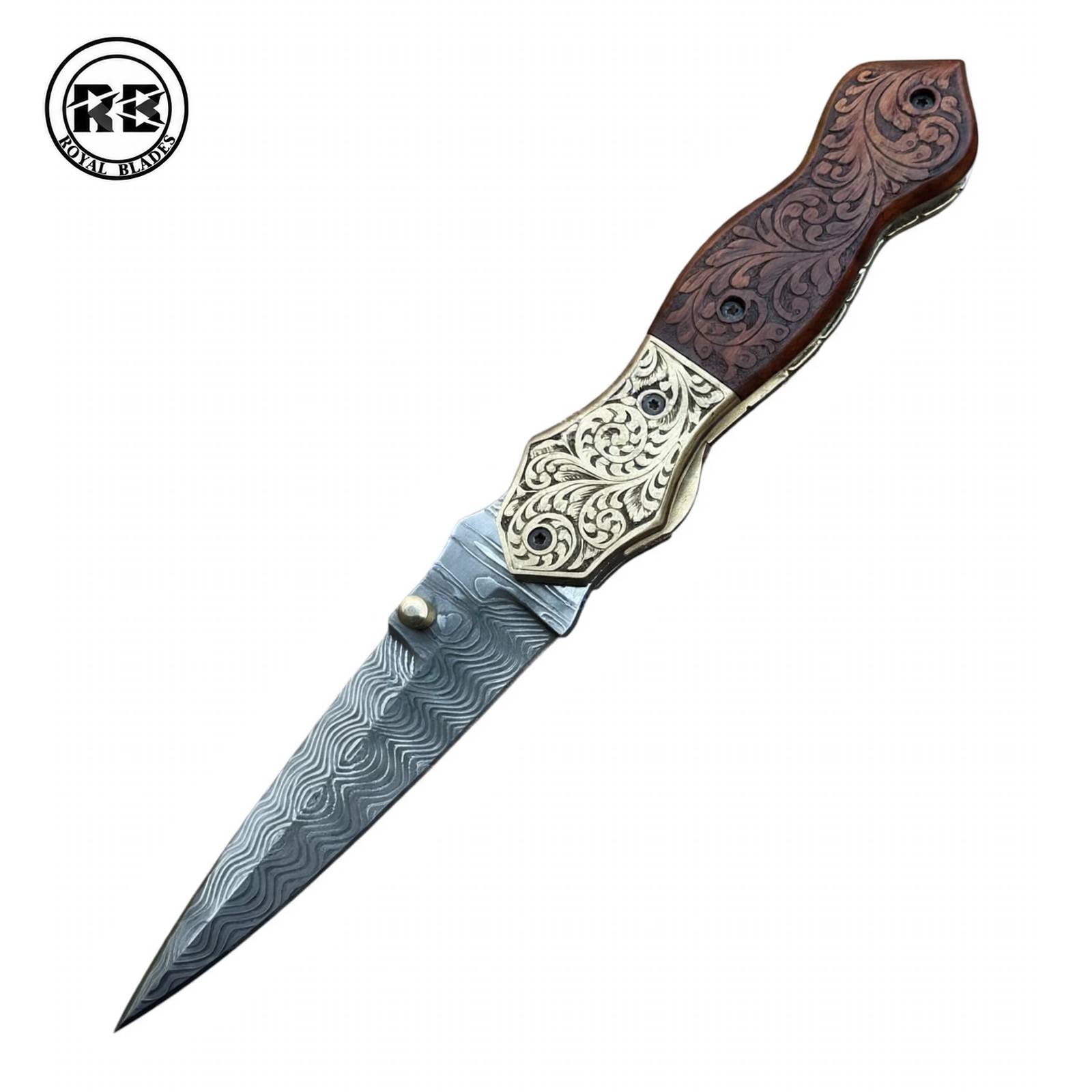 Damascus Folder with Hand-Engraved Wood & Brass From Royal Blades