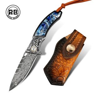 7″ Resin & Ebony Wood Damascus Knife with Pocket Clip From Royal Blades