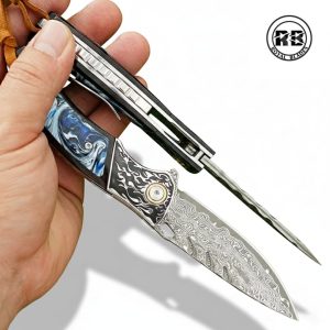 7″ Resin & Ebony Wood Damascus Knife with Pocket Clip From Royal Blades