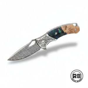 7″ Damascus Steel Folder with Blue Resin & Maple Wood From Royal Blades