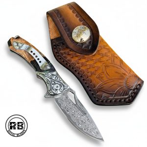7″ Damascus Steel Folder with Blue Resin & Maple Wood From Royal Blades