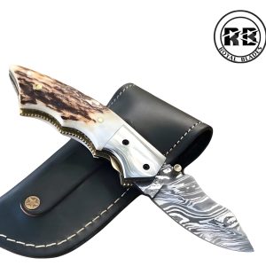 7.5″ Handmade Damascus Knife with Genuine Stag Antler From Royal Blades