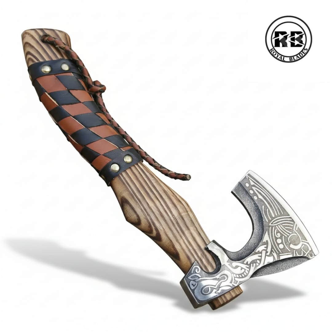 14" Carbon Steel Viking Axe with Harlequin Leather Grip From Royal Blades - Image 3