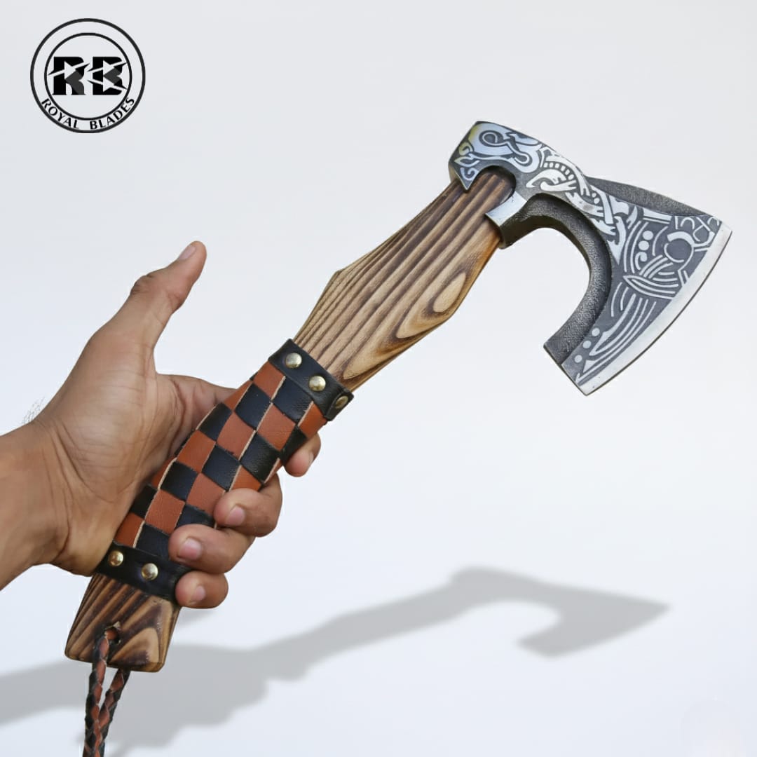 14" Carbon Steel Viking Axe with Harlequin Leather Grip From Royal Blades - Image 4