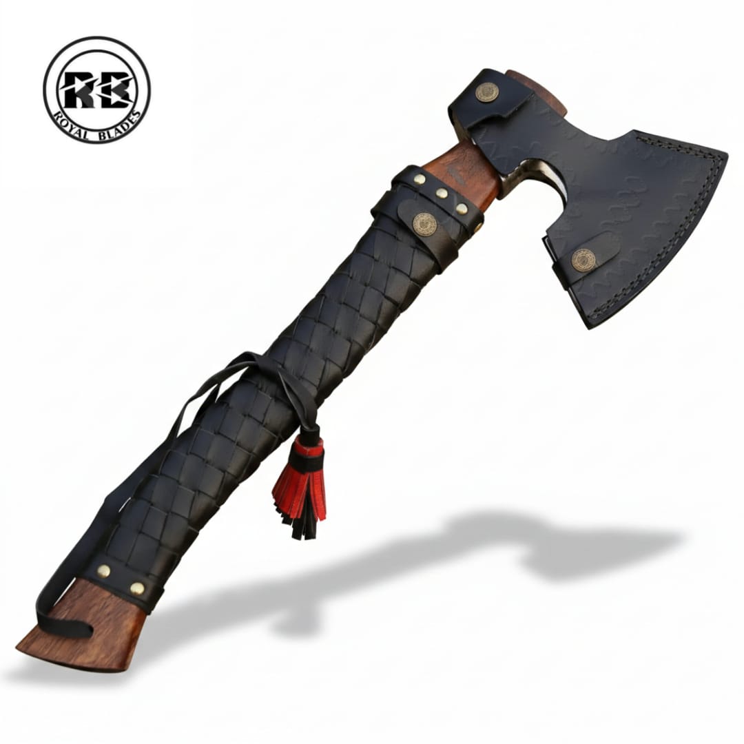 19" Carbon Steel Axe with Leather Wrapped Dark Wood - Image 4