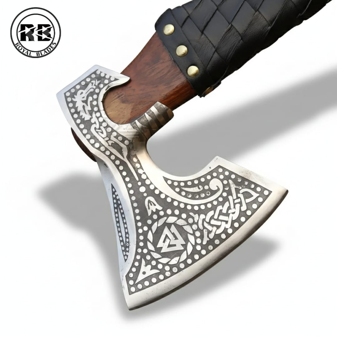 19" Carbon Steel Axe with Leather Wrapped Dark Wood - Image 3