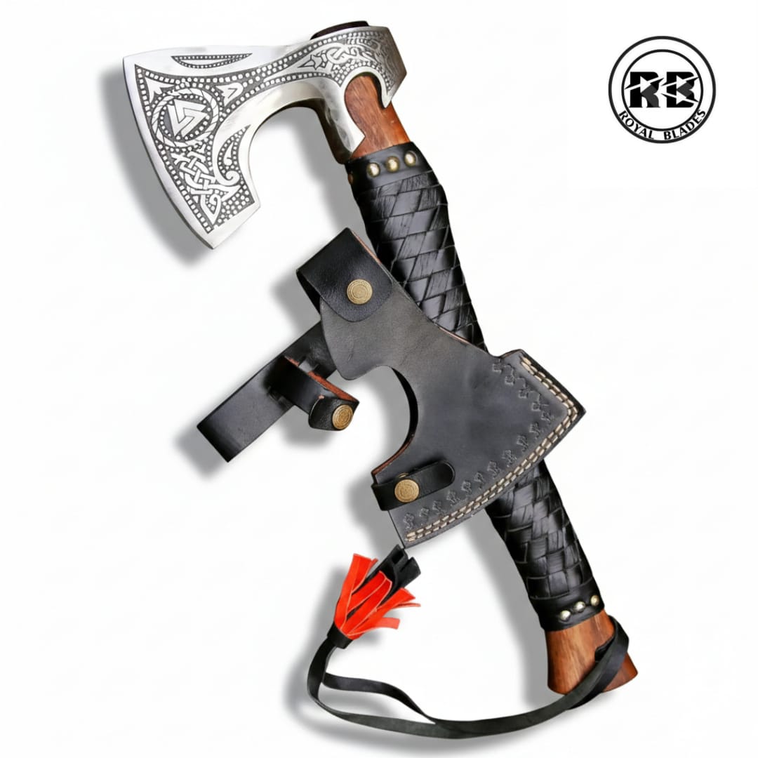 19" Carbon Steel Axe with Leather Wrapped Dark Wood - Image 2
