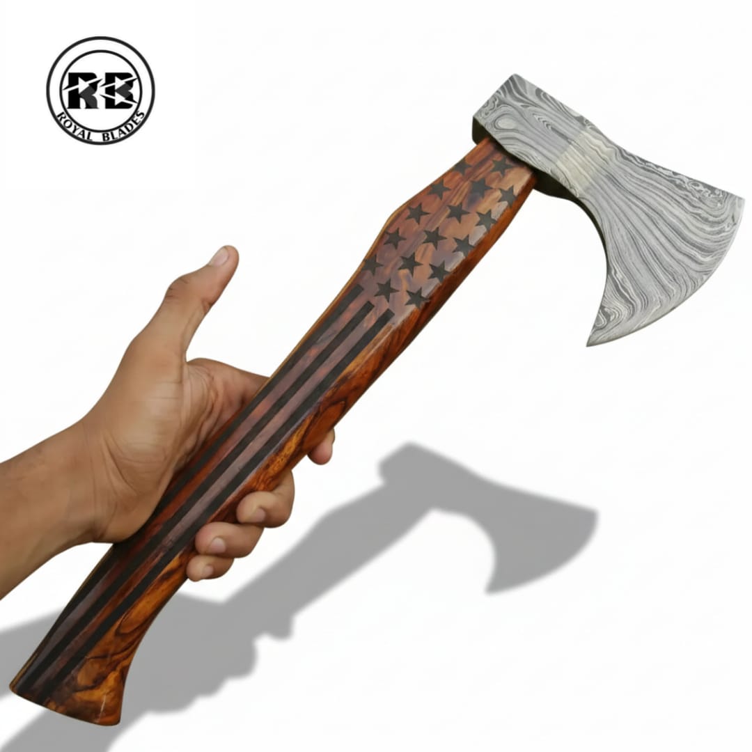 15" Damascus Steel Axe with Custom Rosewood Grip From Royal Blades