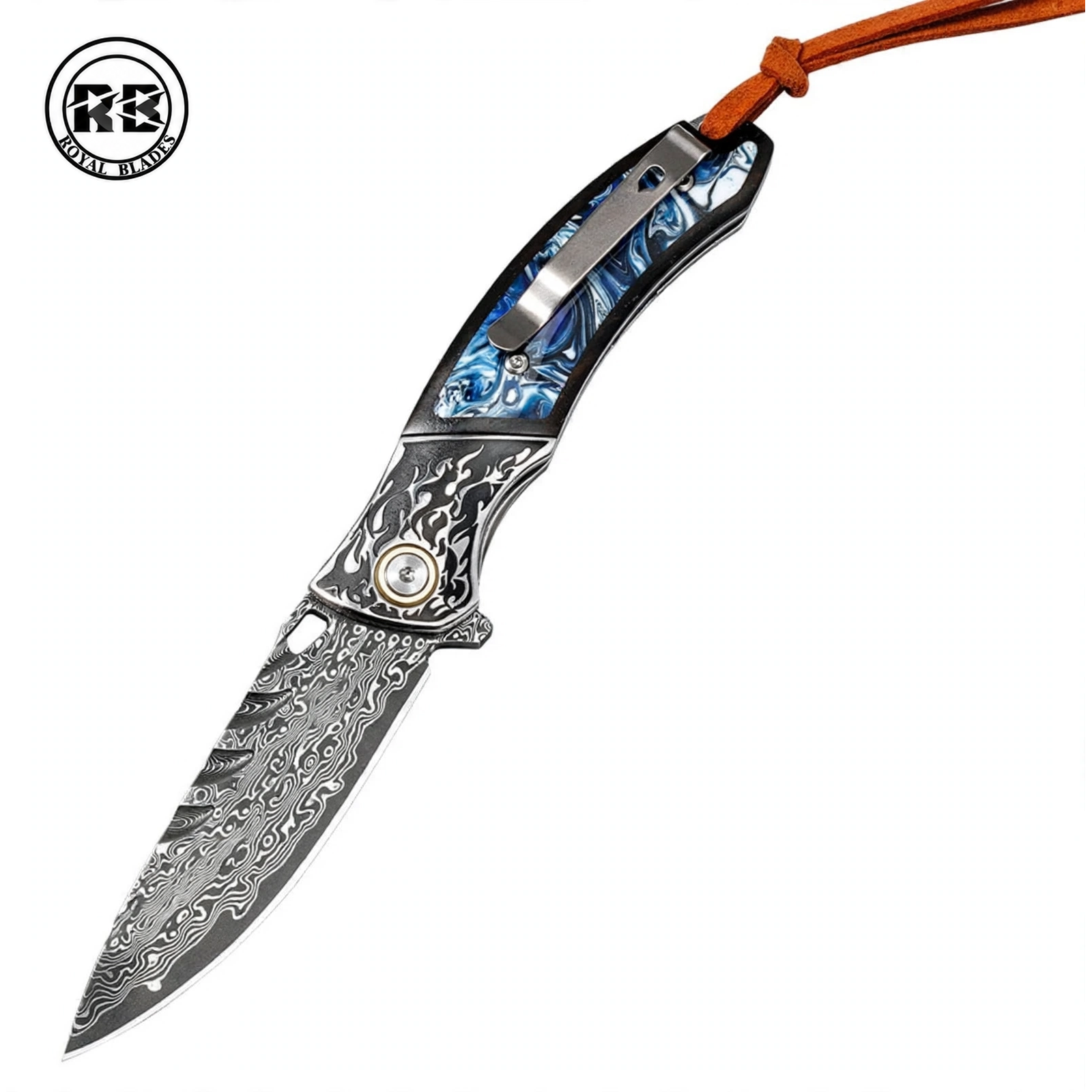 Resin & Ebony Wood Damascus Knife with Pocket Clip From Royal Blades