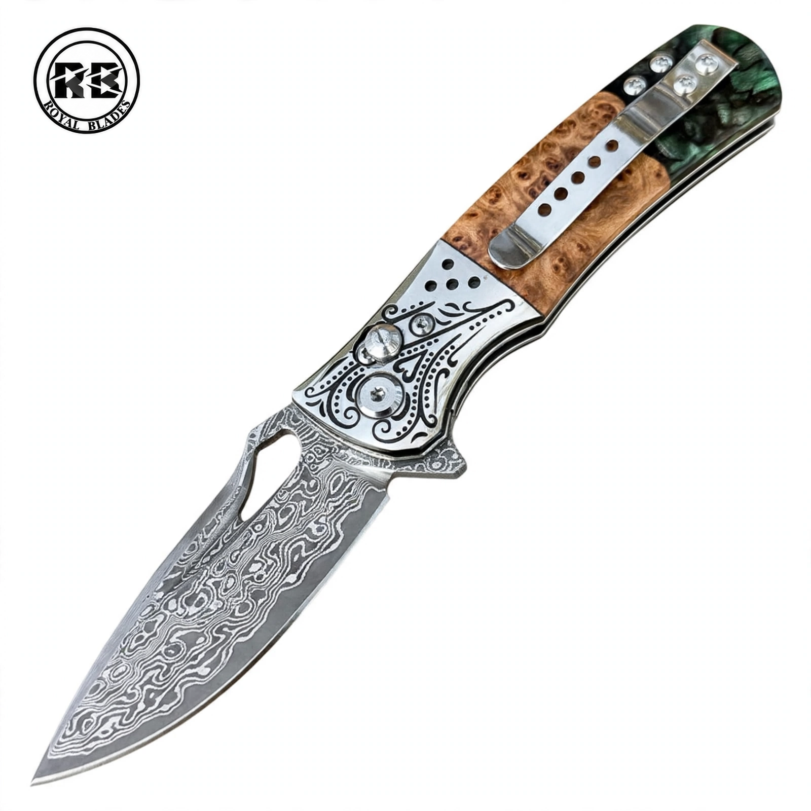 Damascus Steel Folder with Blue Resin & Maple Wood From Royal Blades