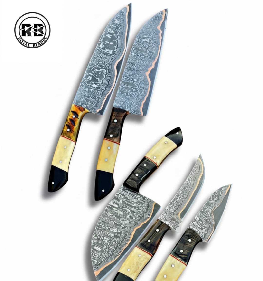 5-Piece Copper Damascus Chef Set with Natural Sheep Horn From Royal Blades - Image 2