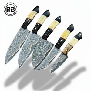 5-Piece Copper Damascus Chef Set with Natural Sheep Horn From Royal Blades