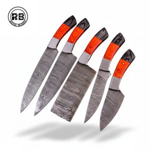 5-Piece Damascus Chef Set with Red & Black Pakka Wood From Royal Blades