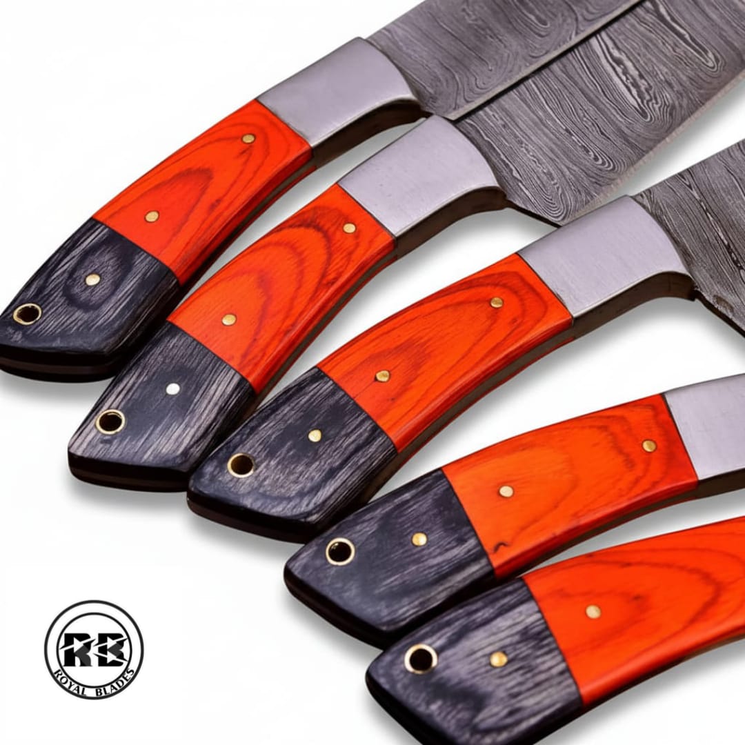 5-Piece Damascus Chef Set with Red & Black Pakka Wood From Royal Blades - Image 3
