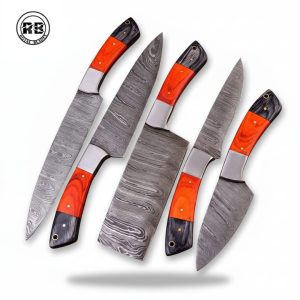 5-Piece Damascus Chef Set with Red & Black Pakka Wood From Royal Blades