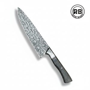 Feather Pattern Damascus & Rosetta Stone Amber Knife From Royal Bllades