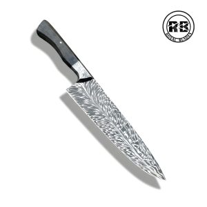 Feather Pattern Damascus & Rosetta Stone Amber Knife From Royal Bllades
