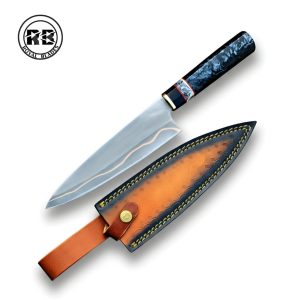 11″ Copper Damascus Kitchen Knife with Blue Marble Resin From Royal Blades