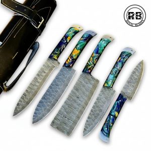 5-Piece Damascus Chef Set with Multi Color Resin Handles From Royal Blades