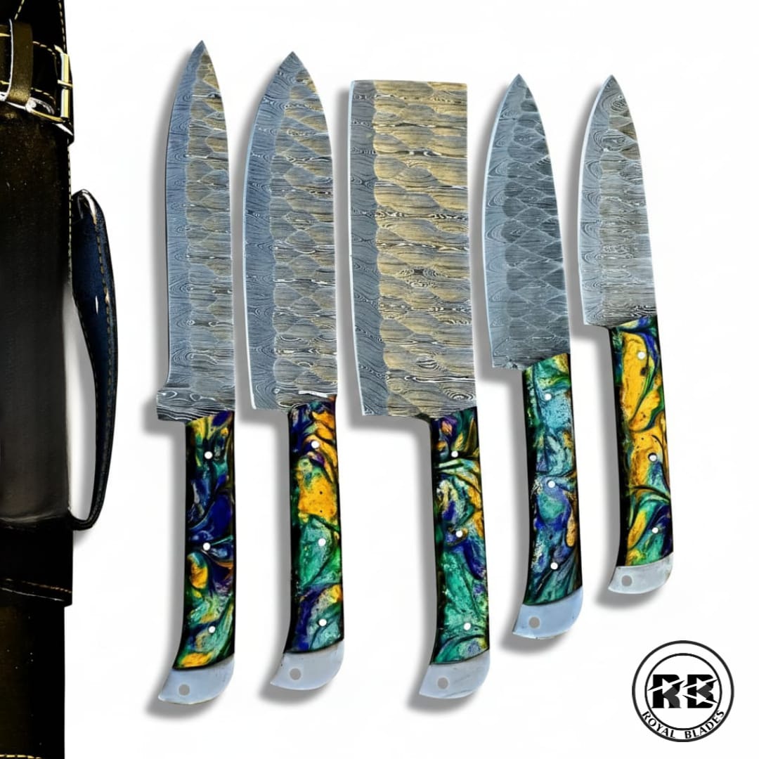 5-Piece Damascus Chef Set with Multi Color Resin Handles From Royal Blades - Image 3