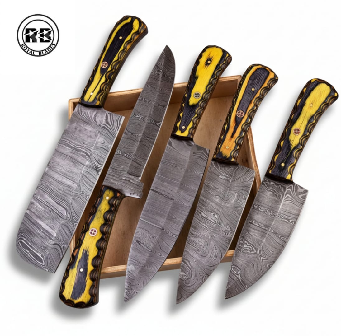 5-Piece Damascus Steel Set with Ergonomic Pakka Wood From Royal Blades