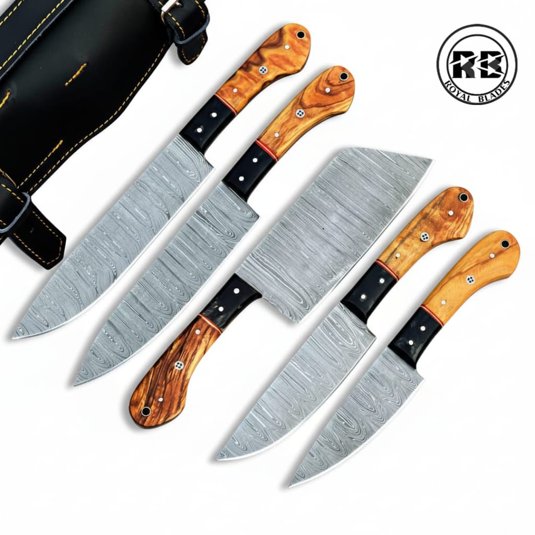 5-Piece Damascus Steel Chef Set with Bull Horn Bolsters From Royal Blades - Image 3