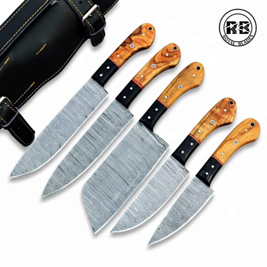 5-Piece Damascus Steel Chef Set with Bull Horn Bolsters From Royal Blades