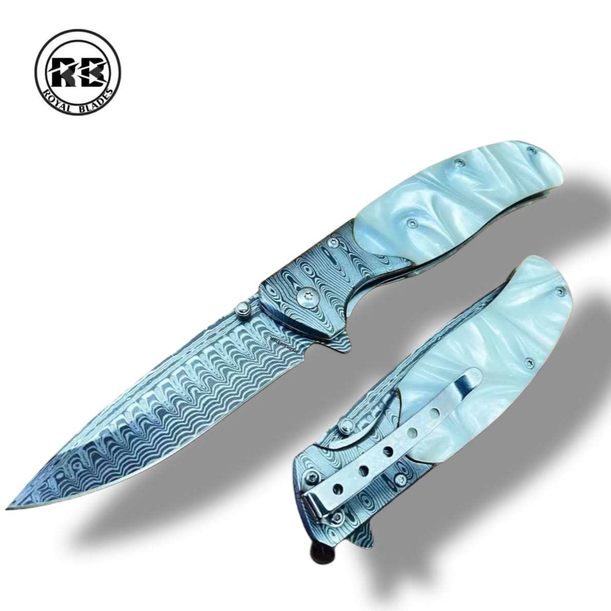 O. Spring-Assisted Marble White Handle & Steel Pocket Clip From Royal Blades - Image 4
