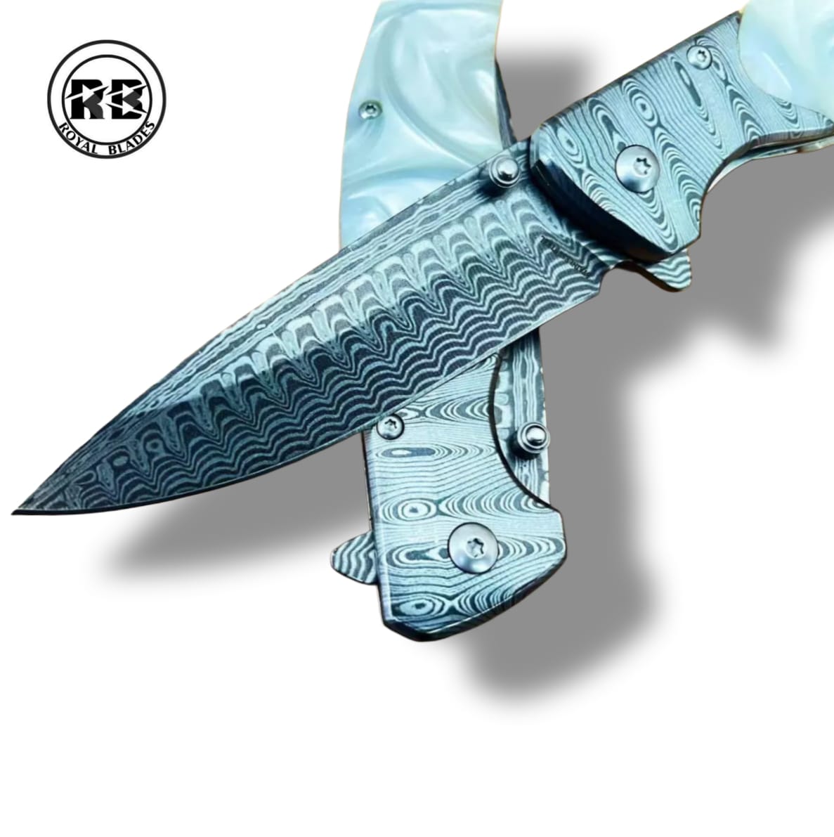 O. Spring-Assisted Marble White Handle & Steel Pocket Clip From Royal Blades - Image 2