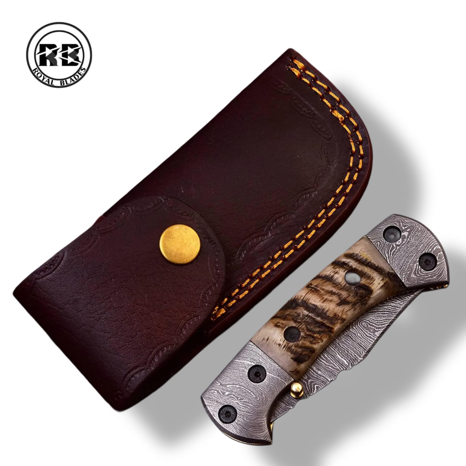 Y. 6.5" Damascus Folder with Goat Horn & Double Bolsters From Royal Blades - Image 3