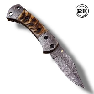 Y. 6.5″ Damascus Folder with Goat Horn & Double Bolsters From Royal Blades
