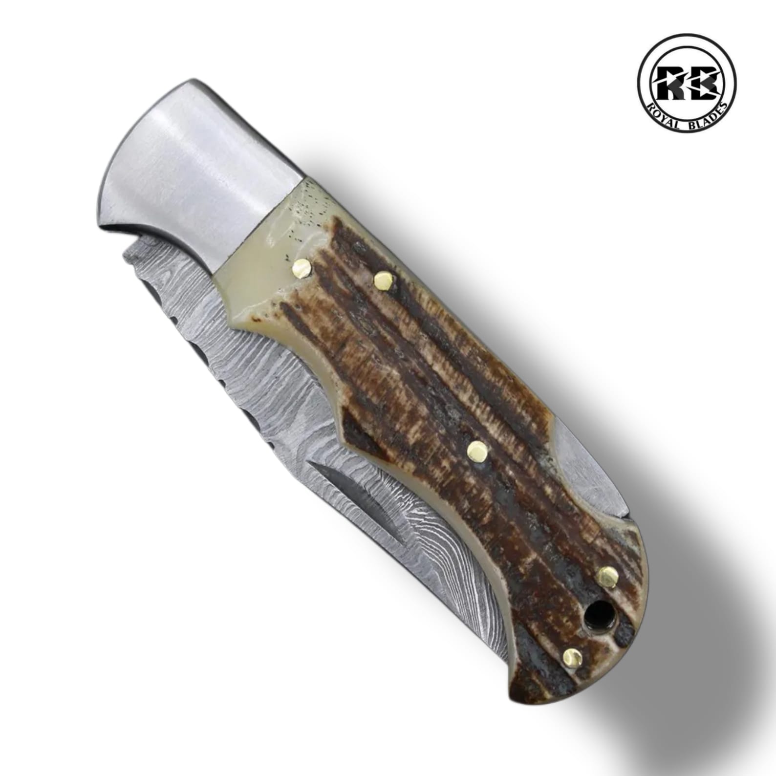 A. 6.5" Damascus Steel Folder with Stag Horn From Royal Blades - Image 4