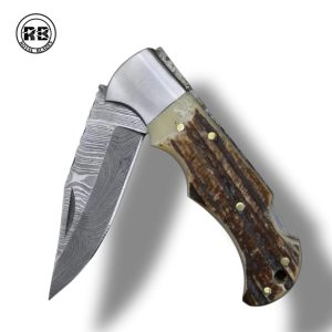 A. 6.5″ Damascus Steel Folder with Stag Horn From Royal Blades