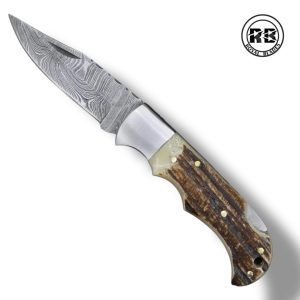 A. 6.5″ Damascus Steel Folder with Stag Horn From Royal Blades