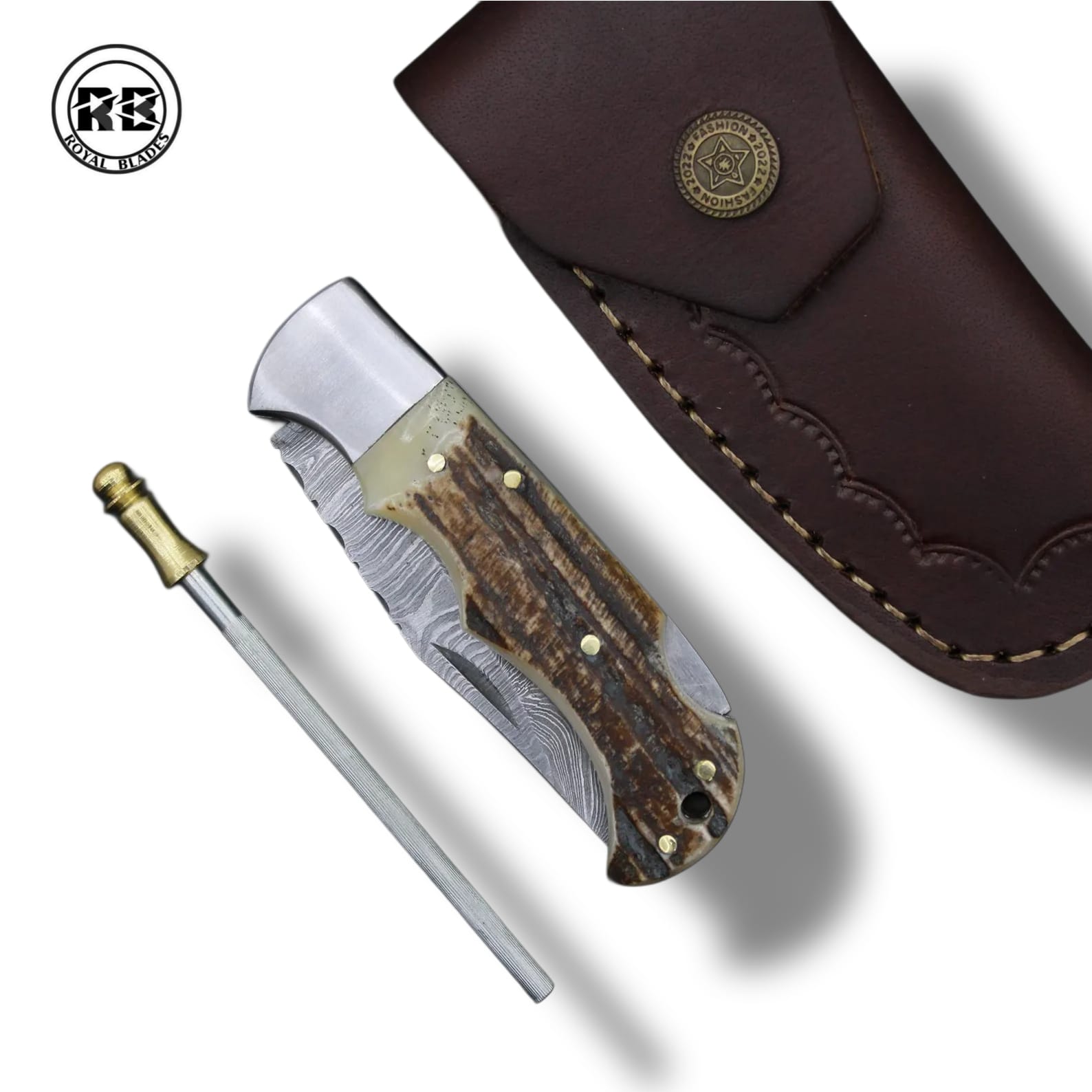 A. 6.5" Damascus Steel Folder with Stag Horn From Royal Blades - Image 3