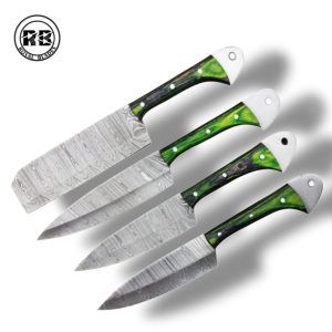 E. 4-Piece Damascus Kitchen Set with Green Colored Wood From Royal Blades