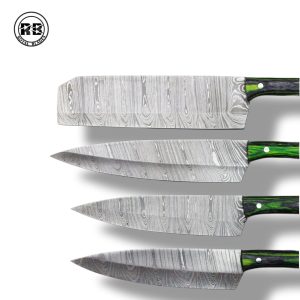 E. 4-Piece Damascus Kitchen Set with Green Colored Wood From Royal Blades