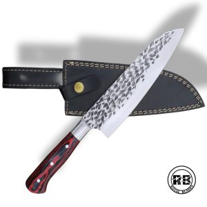 J. Professional 8″ Hammered Chef Knife with Red & Black Wood From Royal Blades