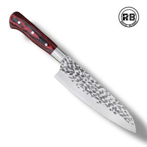 J. Professional 8″ Hammered Chef Knife with Red & Black Wood From Royal Blades