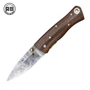 Damascus Steel Folding Knife with Brown Micarta From Royal Blades