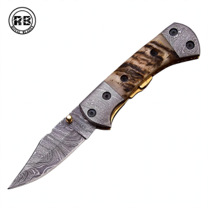 Damascus Folder with Goat Horn & Double Bolsters From Royal Blades