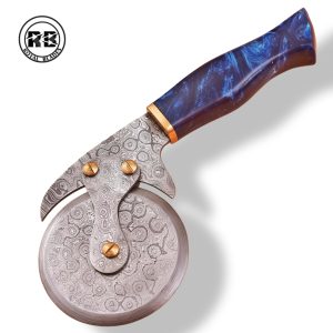 R. 9″ Raindrop Pattern Pizza Cutter with Blue Resin Handle From Royal Blades