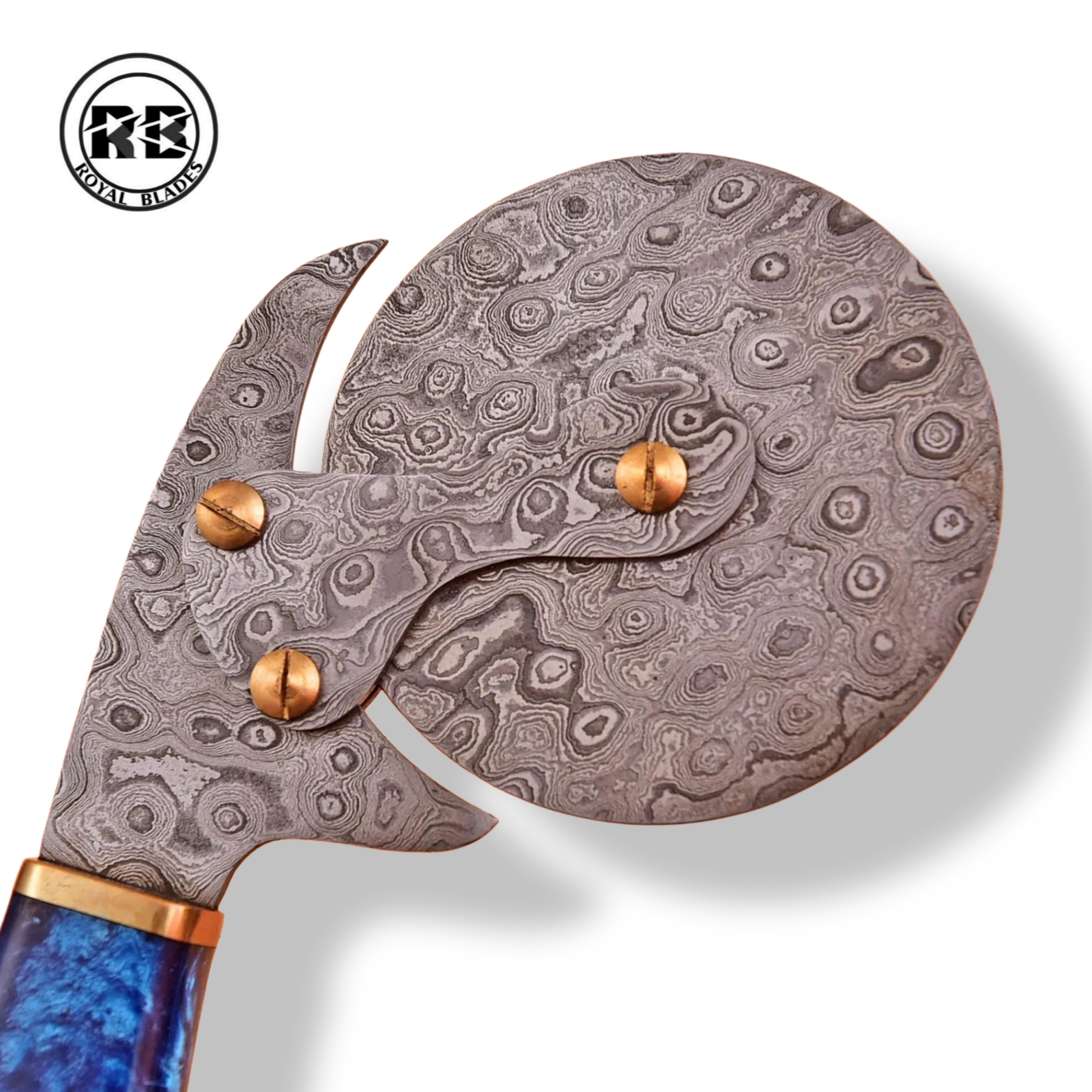 R. 9" Raindrop Pattern Pizza Cutter with Blue Resin Handle From Royal Blades - Image 3