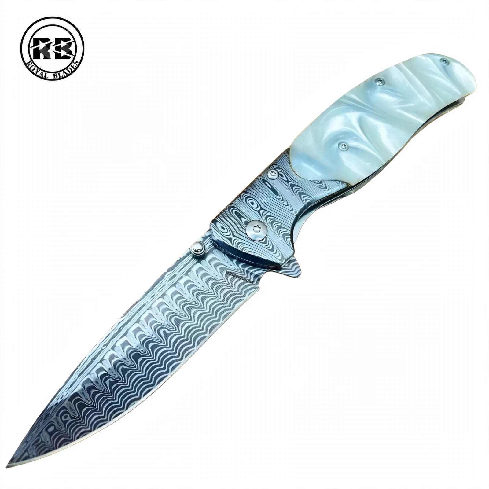Spring-Assisted Marble White Handle & Steel Pocket Clip From Royal Blades
